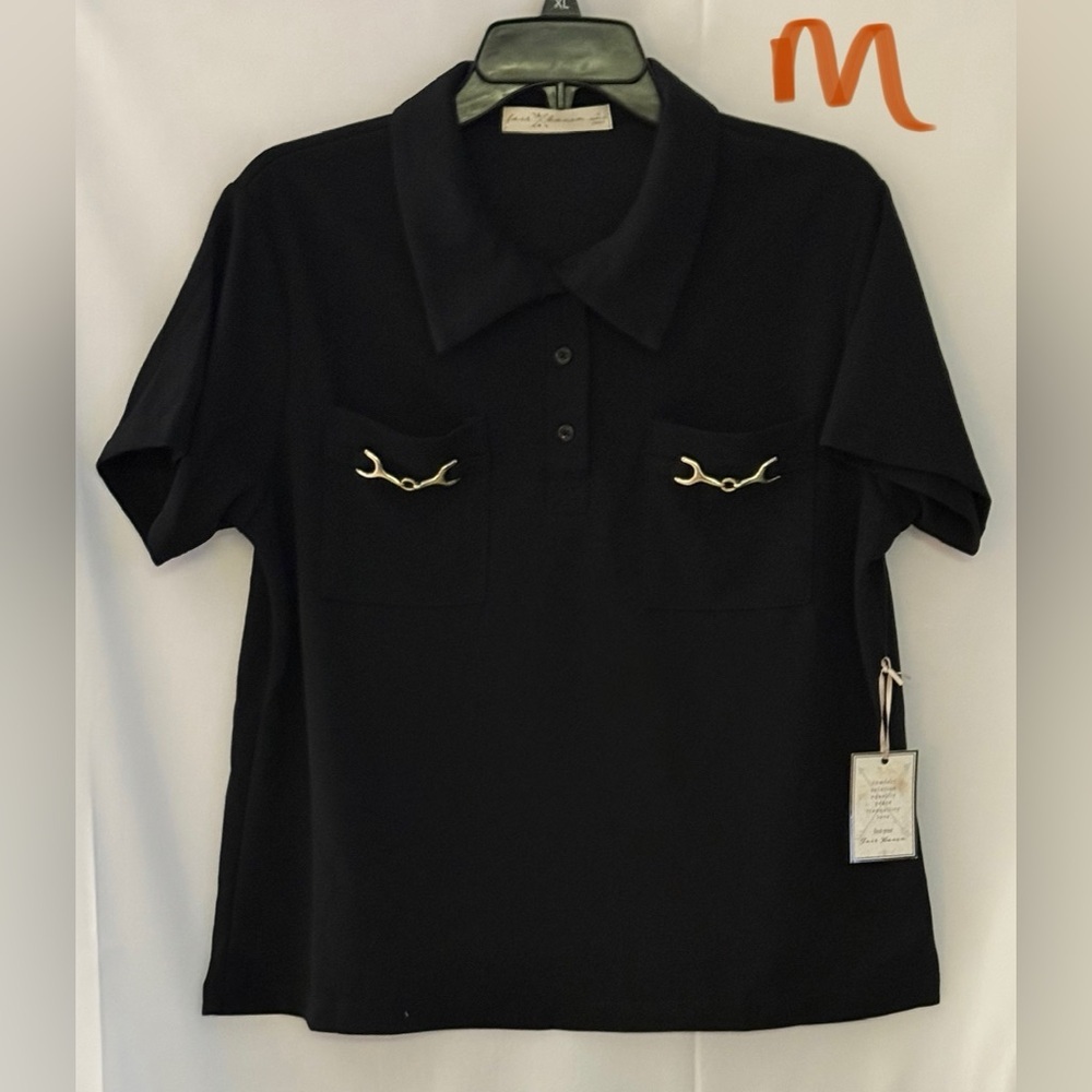 Classic Black Top with Embellished Pockets